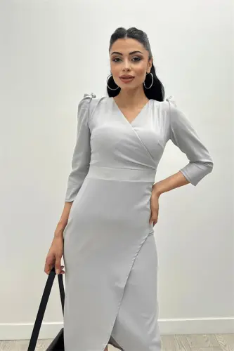 Krep Kumaş Midi Boy Elbise - Gri - 3