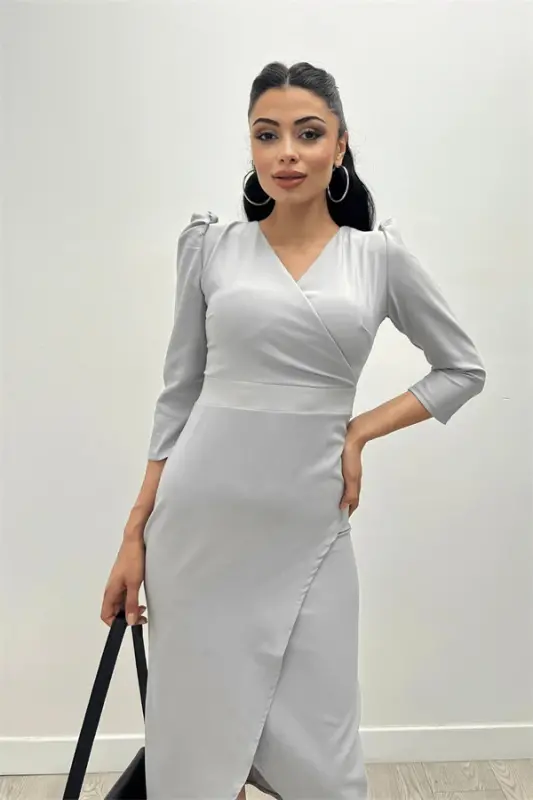 Krep Kumaş Midi Boy Elbise - Gri - 3