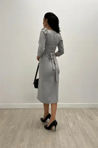 Krep Kumaş Midi Boy Elbise - Gri - 5