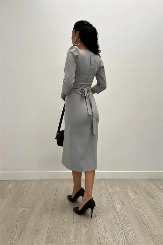 Krep Kumaş Midi Boy Elbise - Gri - 5