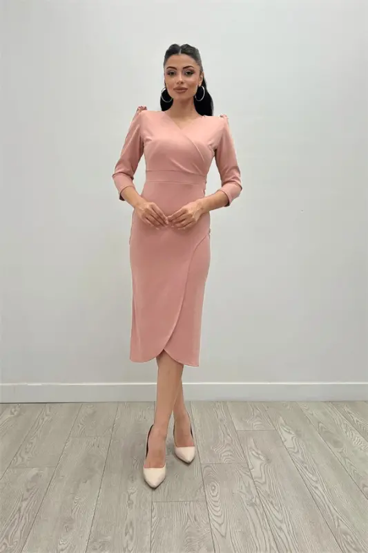 Krep Kumaş Midi Boy Elbise - Pudra - 1
