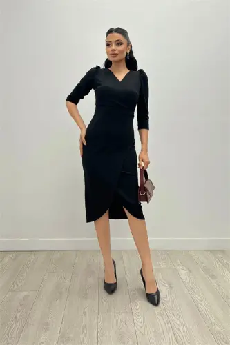Krep Kumaş Midi Boy Elbise - Siyah - BÜYÜKBEDENIZ (1)