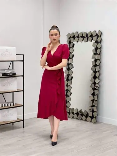 Crep Kumaş Midi Elbise - BORDO - BÜYÜKBEDENIZ (1)