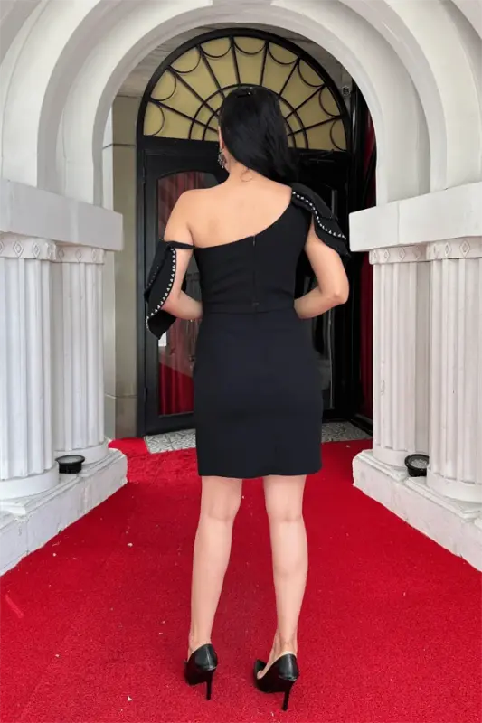 Krep Kumaş Omuz Detaylı Mini Elbise - SİYAH - 5