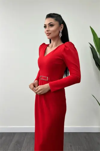 Krep Kumaş Pile Detaylı Elbise - KIRMIZI - 5