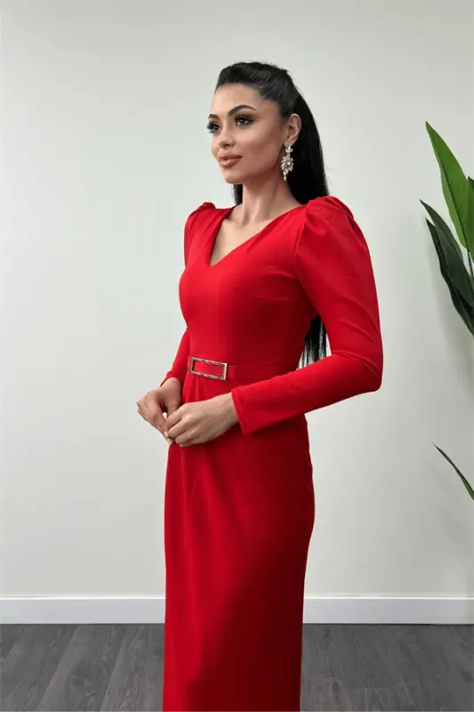 Krep Kumaş Pile Detaylı Elbise - KIRMIZI - 5