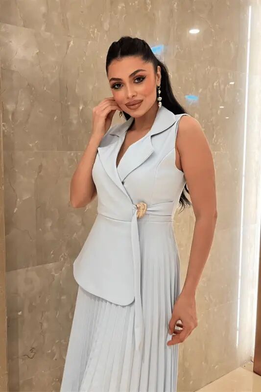 Krep Kumaş Plise Detaylı Elbise - BEBE MAVİSİ - 8