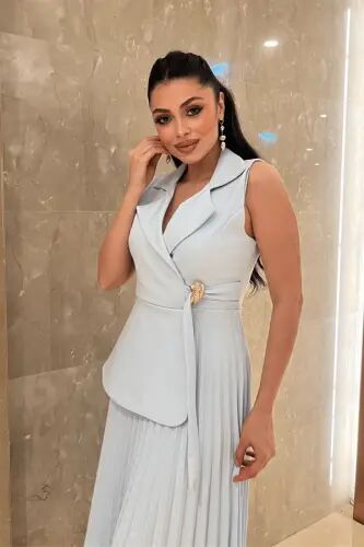 Krep Kumaş Plise Detaylı Elbise - BEBE MAVİSİ - 3