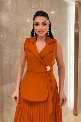 Krep Kumaş Plise Detaylı Elbise - KİREMİT - 3