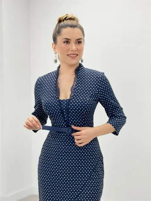 Krep Kumaş Puantiye Dantel Detaylı Kalem Elbise - LACİVERT - 3