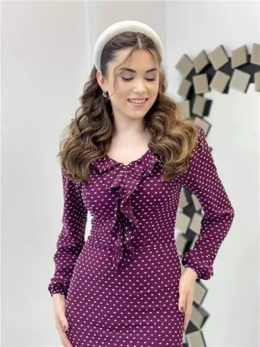 Krep Kumaş Puantiye Detaylı Kalem Elbise - MÜRDÜM - 4