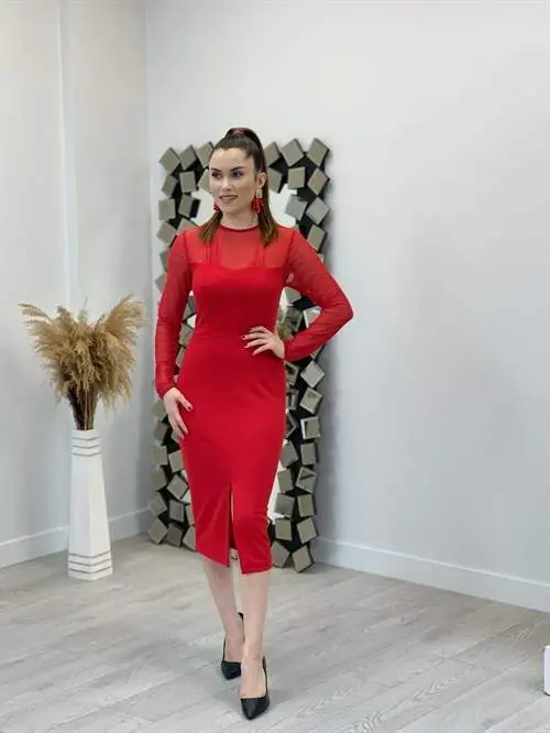 Krep Kumaş Tül Detaylı Kalem Elbise - KIRMIZI - 2
