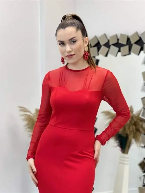 Krep Kumaş Tül Detaylı Kalem Elbise - KIRMIZI - 3