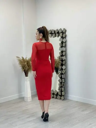Krep Kumaş Tül Detaylı Kalem Elbise - KIRMIZI - 5