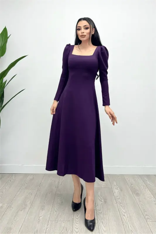 Krep Kumaşli Kvadrat Yoqali Midi Ko'ylak - Baqlajon Binafsha - 3