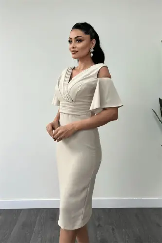 Krep mato burmali detalli qalam ko'ylak - BEJ - 4