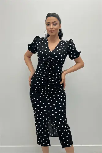 Krep mato burmali gul detalli qalam ko'ylak - QORA - 3