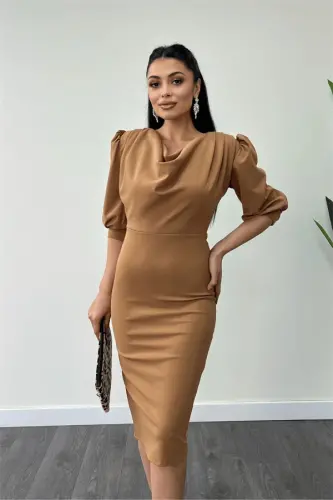 Krep mato Degaje yoqali qalam ko'ylak - Tuya - 4