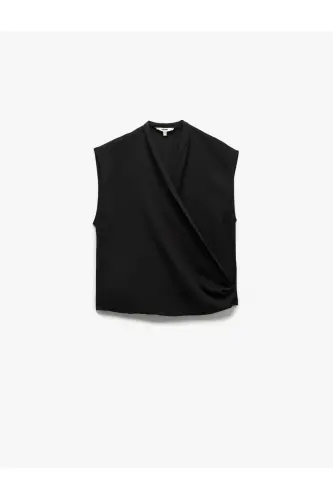 Krep mato drape detallari bilan jibsiz kruvaze bluz - qora - 3