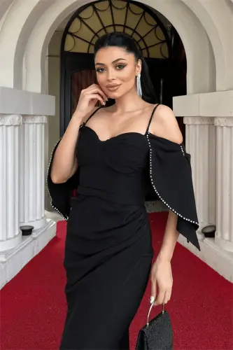 Krep mato elkali yelkali baliq ko'ylak - QORA - 3