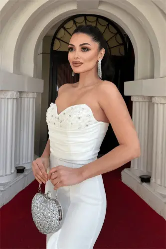 Krep mato injili volan detalli straplez balıq koʻylak - OQ - 4