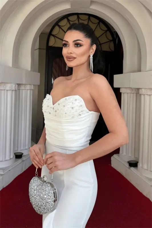 Krep mato injili volan detalli straplez balıq koʻylak - OQ - 4