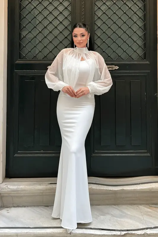 Krep Mato Inju Bolero Tafsilotli Balik Ko'ylak - OQ - 8