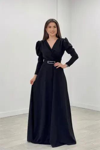 Krep Mato Kruvaze Yoqali Kilos Ko'ylak - QORA - BÜYÜKBEDENIZ (1)