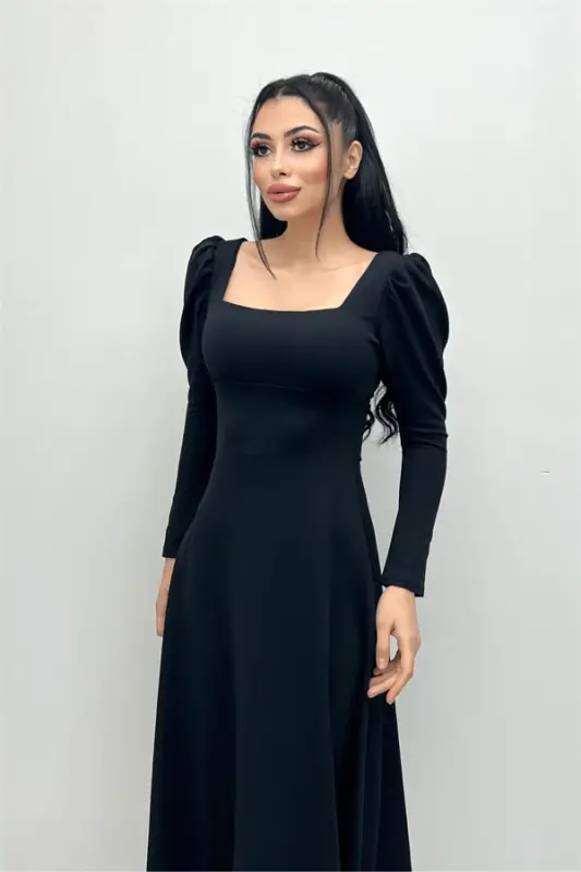 Krep mato kvadrat yoqali midi ko'ylak - QORA - 2