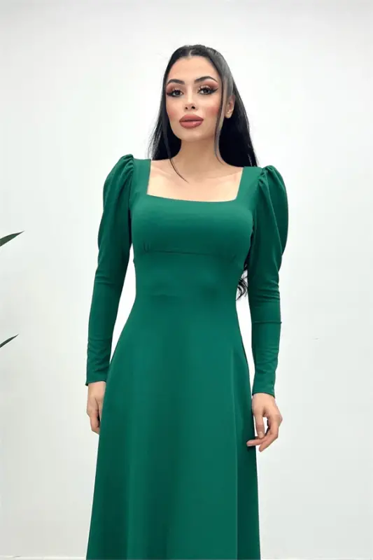 Krep Mato Kvadrat Yoqali Midi Ko'ylak - Zumrad Yashil - 1