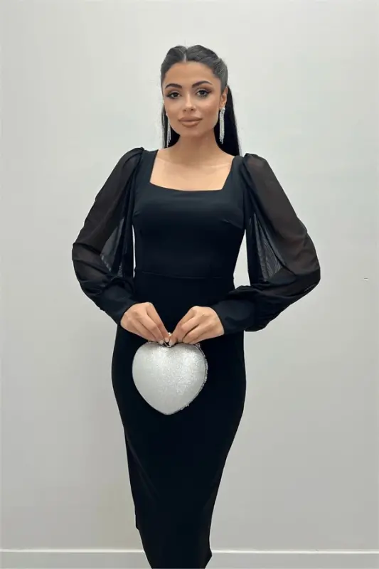 Krep Mato Kvadrat Yoqali Qalam Ko'ylak - Qora - 3