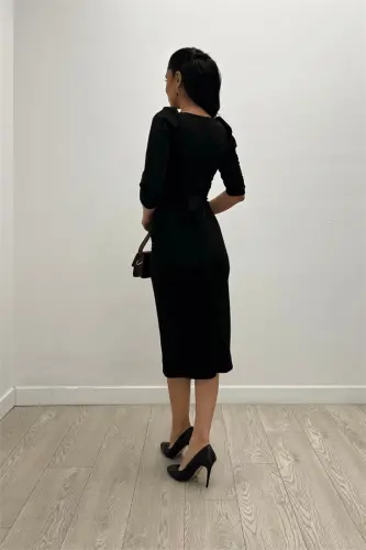 Krep mato midi boʻyli koʻylak - Qora - 5