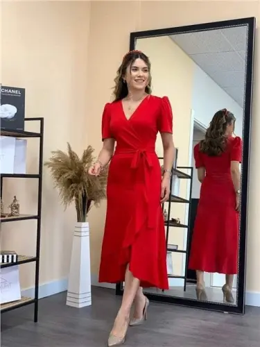 Krep mato midi ko'ylak - Qizil - 1