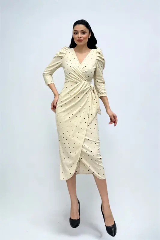 Krep mato Polka nuqta detallari bilan qalam ko'ylak - KREM - 2