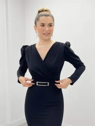 Krep Mato Xochish Yoqali Balik Ko'ylak - QORA - 3