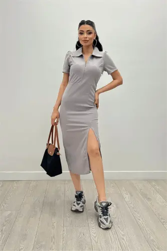 Krep mato yoqali fermuar detalli qalam ko'ylak - GRİ - 1