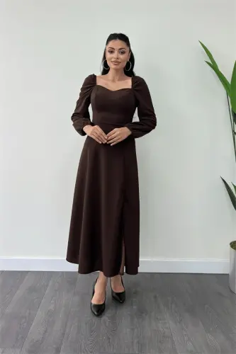 Krep Mato Yurak Qisma Midi Ko'ylak - Jigarrang - 2