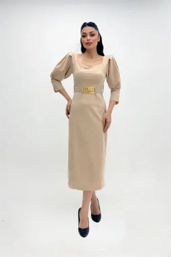 Krep Mato Yurak Yoqali Qalam Ko'ylak - KREM - 3