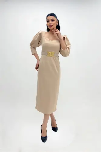 Krep Mato Yurak Yoqali Qalam Ko'ylak - KREM - 4