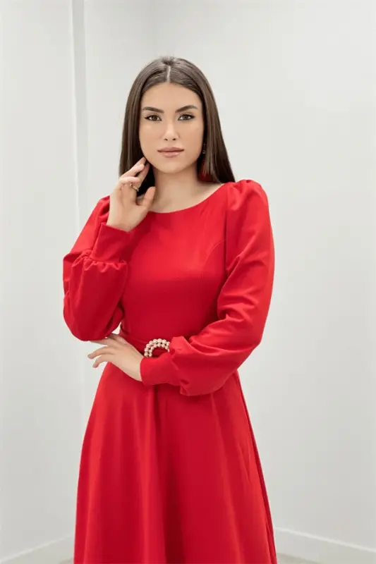 Krep matodan kamarli kechki kiyim - QIZIL - 4