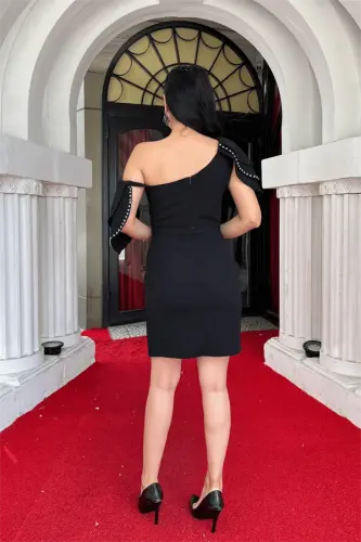 Krep matodan yelkali mini ko'ylak - QORA - 5