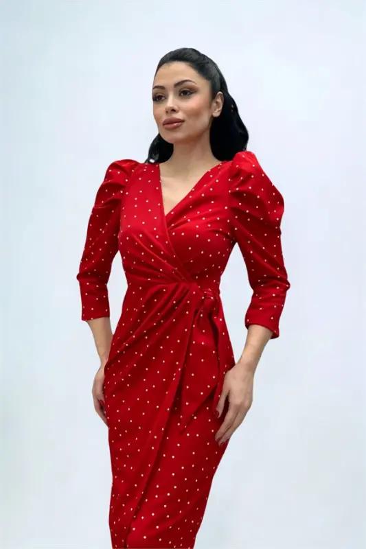 Krep matoli nuqtali detallar bilan qalam libos - QIZIL - 3