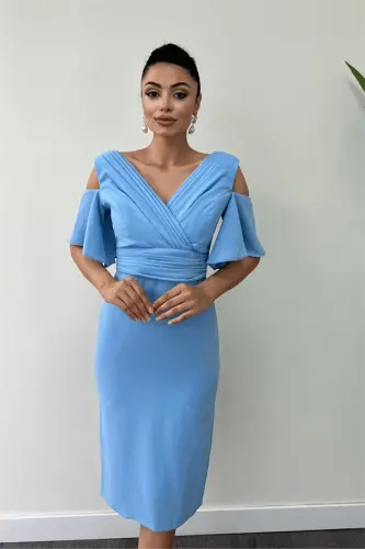 Креп Платье-карандаш с деталями сборки - ДЕТСКИЙ ГОЛУБОЙ - 4