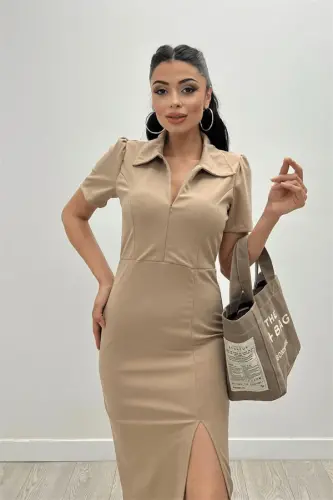 Креп Платье-карандаш с воротником и молнией - Camel - 3