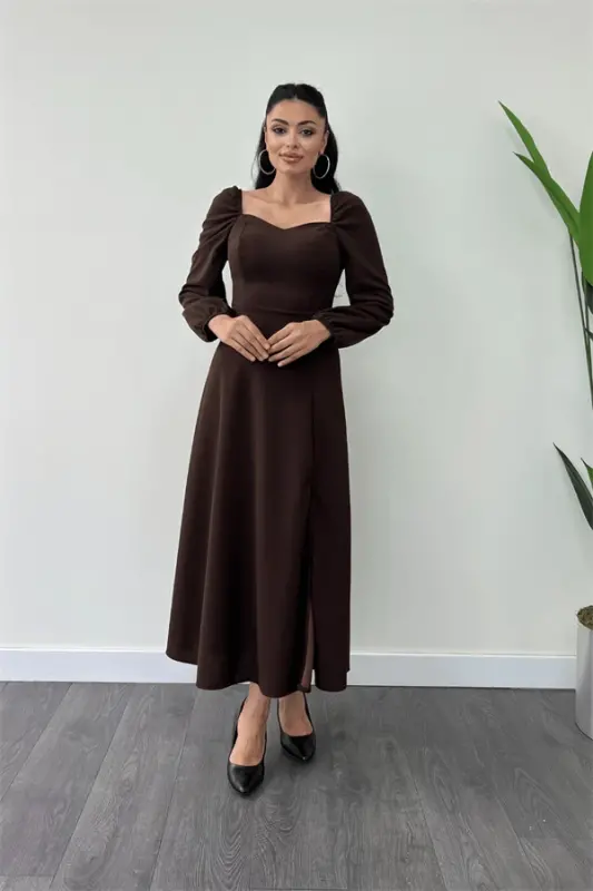 Креп Платье Миди С Сердечным Вырезом - КОРИЧНЕВЫЙ - 2