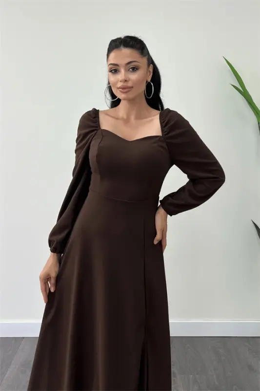 Креп Платье Миди С Сердечным Вырезом - КОРИЧНЕВЫЙ - 4