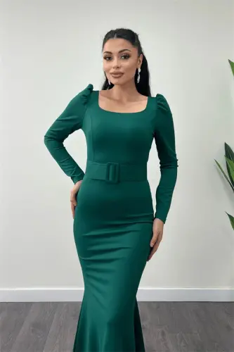 Креп Платье-рыбка с поясом - ИЗУМРУДНО-ЗЕЛЕНЫЙ - 3