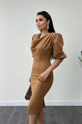 Креп Ткань Дегаже Воротник Карандаш Платье - Camel - 3