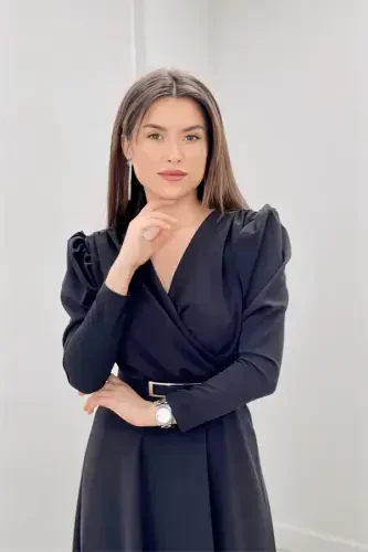 Креп Ткань Крест-накрест Воротник Клеш Платье - ЧЕРНЫЙ - 3