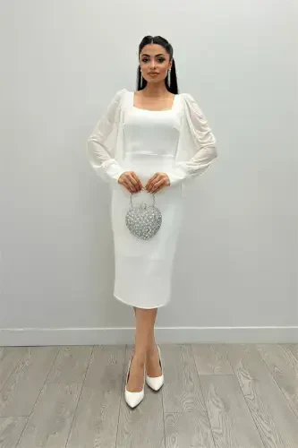 Креп-ткань квадратный вырез карандаш платье - БЕЛЫЙ - 1